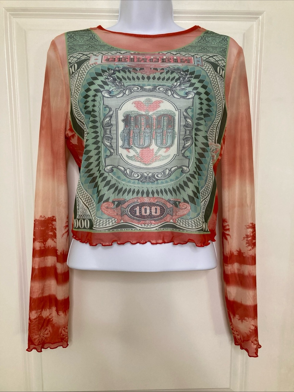 Sheer Long Sleeve Crop Top Graphic Print Banknote Design Grunge Tattoo Y2K Sz XL